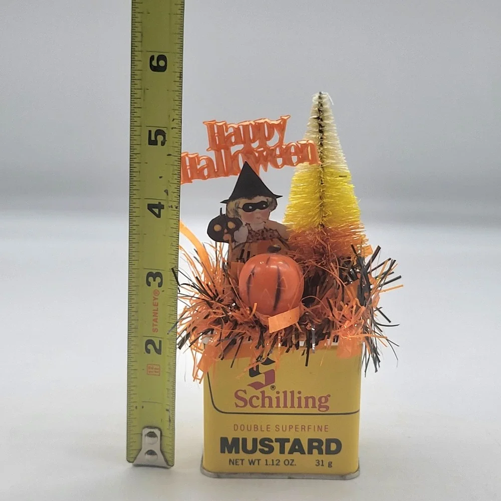 Halloween Tiered Tray Decor Assemblage Art Vintage Schilling Tin Witch OOAK